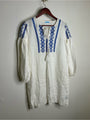 J. McLaughlin 100% Linen White Blue Embroidered Long Sleeve Midi Length Dress