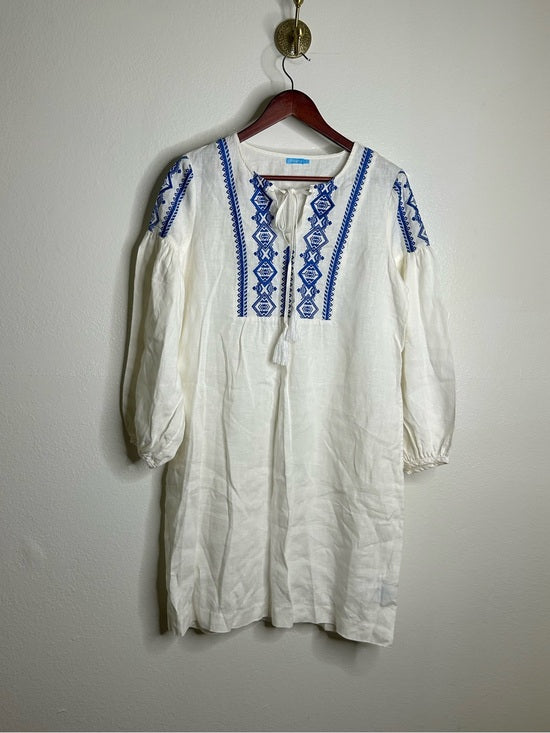 J. McLaughlin 100% Linen White Blue Embroidered Long Sleeve Midi Lengt   Natural Fiber Closet