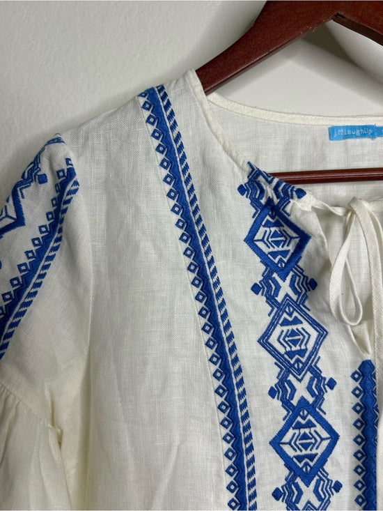 J. McLaughlin 100% Linen White Blue Embroidered Long Sleeve Midi Length Dress