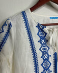 J. McLaughlin 100% Linen White Blue Embroidered Long Sleeve Midi Length Dress