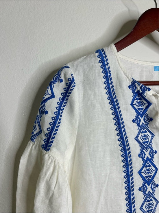 J. McLaughlin 100% Linen White Blue Embroidered Long Sleeve Midi Length Dress