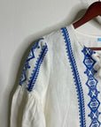 J. McLaughlin 100% Linen White Blue Embroidered Long Sleeve Midi Length Dress