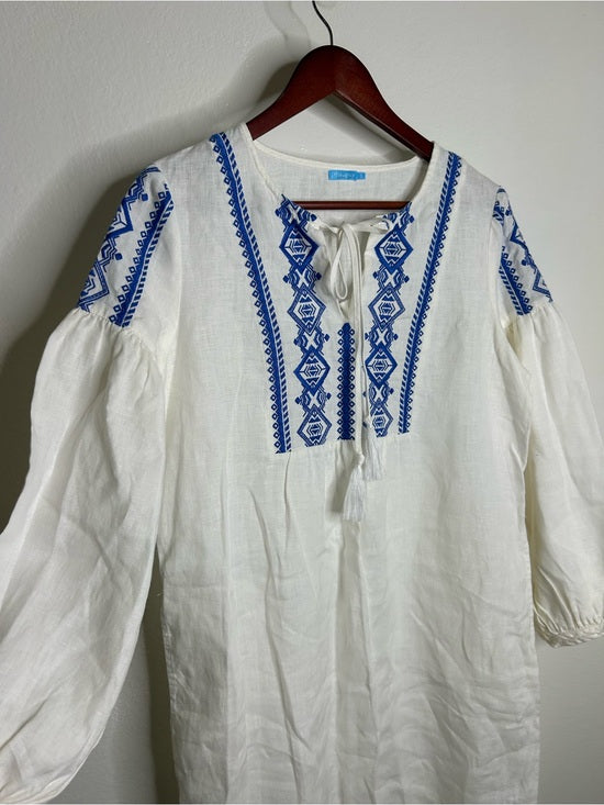J. McLaughlin 100% Linen White Blue Embroidered Long Sleeve Midi Length Dress