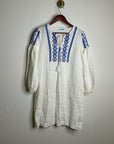 J. McLaughlin 100% Linen White Blue Embroidered Long Sleeve Midi Length Dress