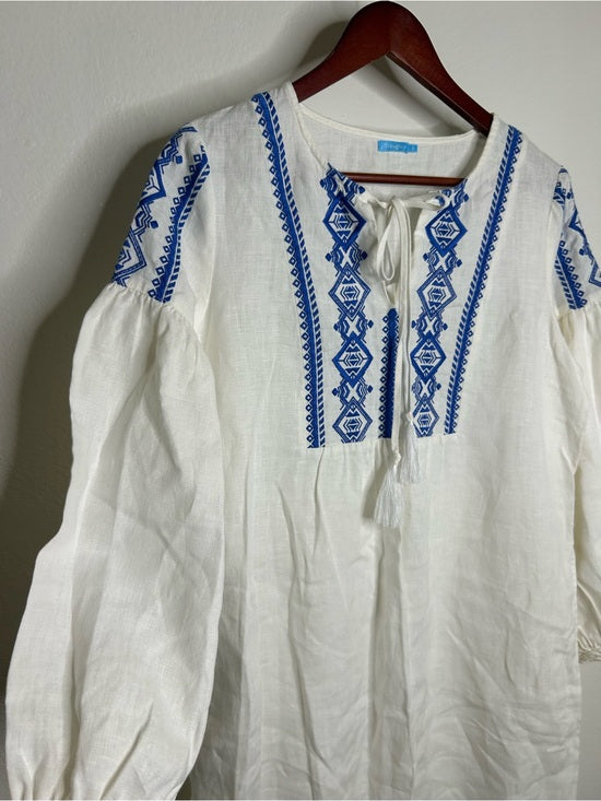 J. McLaughlin J. McLaughlin 100% Linen White Blue Embroidered Long Sleeve Midi Length Dress - Linen