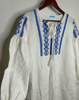 J. McLaughlin 100% Linen White Blue Embroidered Long Sleeve Midi Length Dress