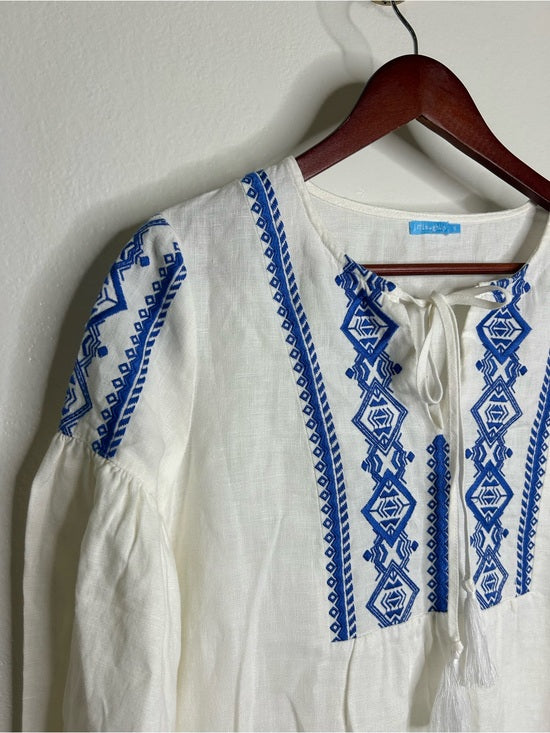 J. McLaughlin J. McLaughlin 100% Linen White Blue Embroidered Long Sleeve Midi Length Dress - Linen