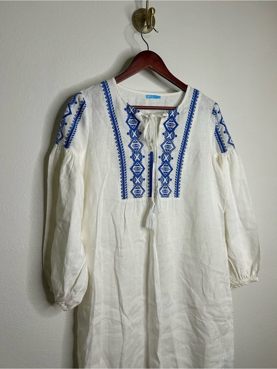 J. McLaughlin J. McLaughlin 100% Linen White Blue Embroidered Long Sleeve Midi Length Dress - Linen