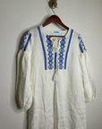 J. McLaughlin 100% Linen White Blue Embroidered Long Sleeve Midi Length Dress