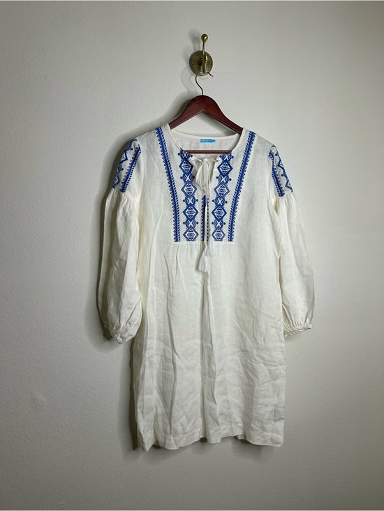 J. McLaughlin J. McLaughlin 100% Linen White Blue Embroidered Long Sleeve Midi Length Dress - Linen