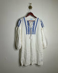 J. McLaughlin 100% Linen White Blue Embroidered Long Sleeve Midi Length Dress