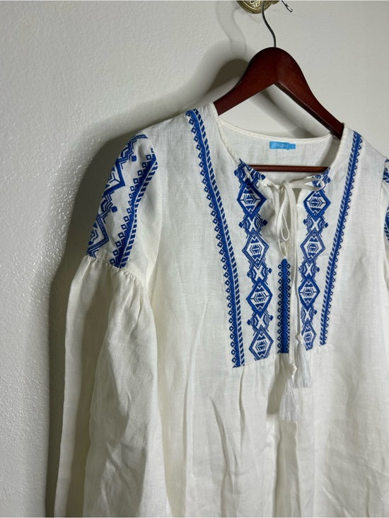 J. McLaughlin 100% Linen White Blue Embroidered Long Sleeve Midi Length Dress