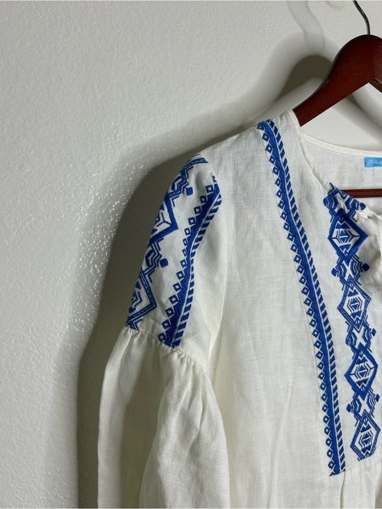 J. McLaughlin 100% Linen White Blue Embroidered Long Sleeve Midi Length Dress
