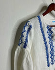 J. McLaughlin 100% Linen White Blue Embroidered Long Sleeve Midi Length Dress
