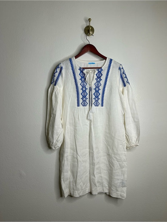 J. McLaughlin 100% Linen White Blue Embroidered Long Sleeve Midi Length Dress