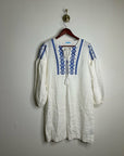 J. McLaughlin 100% Linen White Blue Embroidered Long Sleeve Midi Length Dress