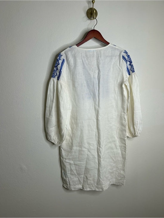J. McLaughlin 100% Linen White Blue Embroidered Long Sleeve Midi Length Dress