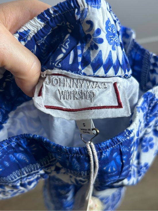 Johnny Was Workshop 100% Cotton Blue Bird Floral Printed Wide Leg Pant