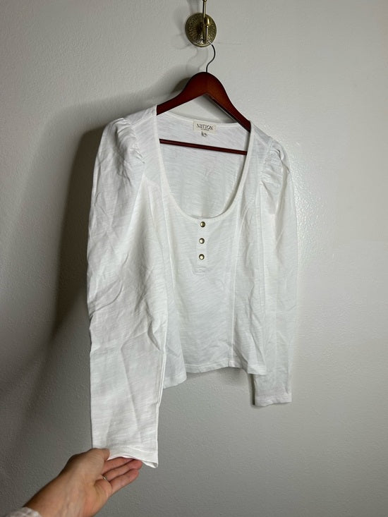 Nation LA 100% Cotton Scoop Neck Puff Sleeve White Gold Button Top