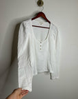 Nation LA 100% Cotton Scoop Neck Puff Sleeve White Gold Button Top