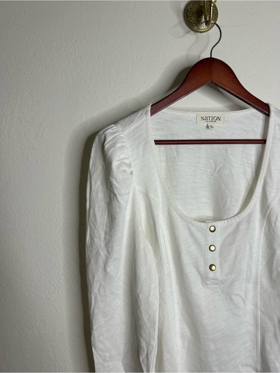 Nation LA 100% Cotton Scoop Neck Puff Sleeve White Gold Button Top