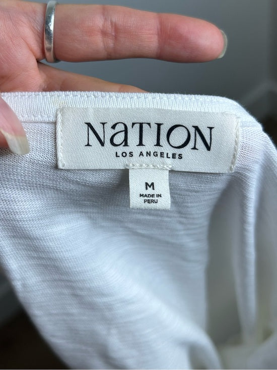 Nation LA 100% Cotton Scoop Neck Puff Sleeve White Gold Button Top