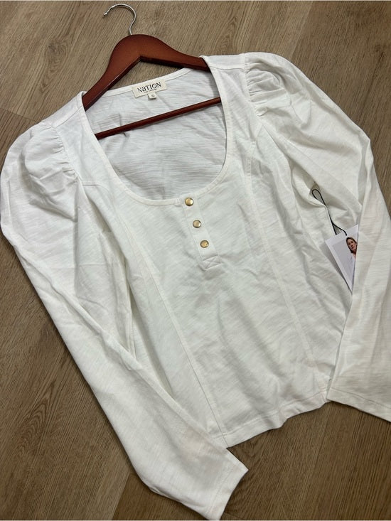 Nation LA 100% Cotton Scoop Neck Puff Sleeve White Gold Button Top