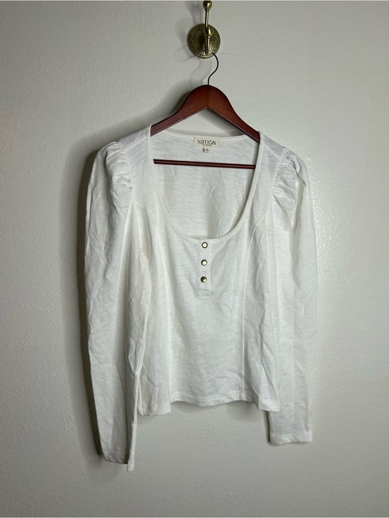Nation LA 100% Cotton Scoop Neck Puff Sleeve White Gold Button Top