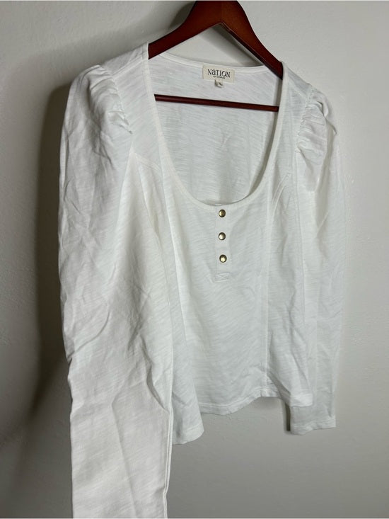 Nation LA 100% Cotton Scoop Neck Puff Sleeve White Gold Button Top