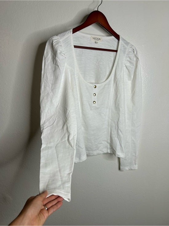 Nation LA 100% Cotton Scoop Neck Puff Sleeve White Gold Button Top