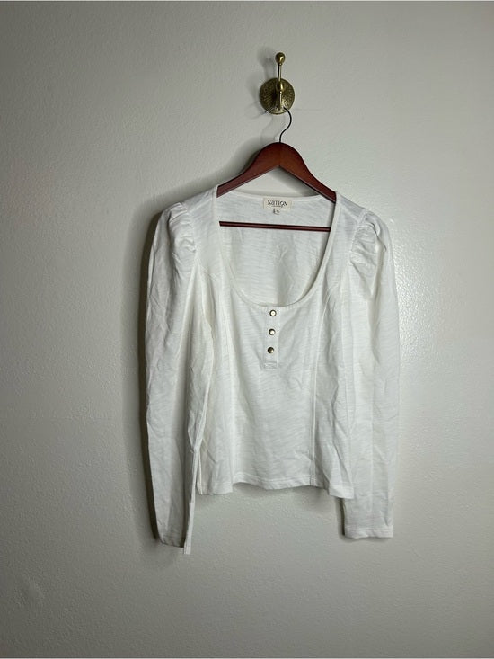 Nation LA 100% Cotton Scoop Neck Puff Sleeve White Gold Button Top