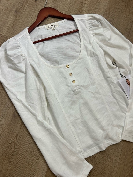 Nation LA 100% Cotton Scoop Neck Puff Sleeve White Gold Button Top