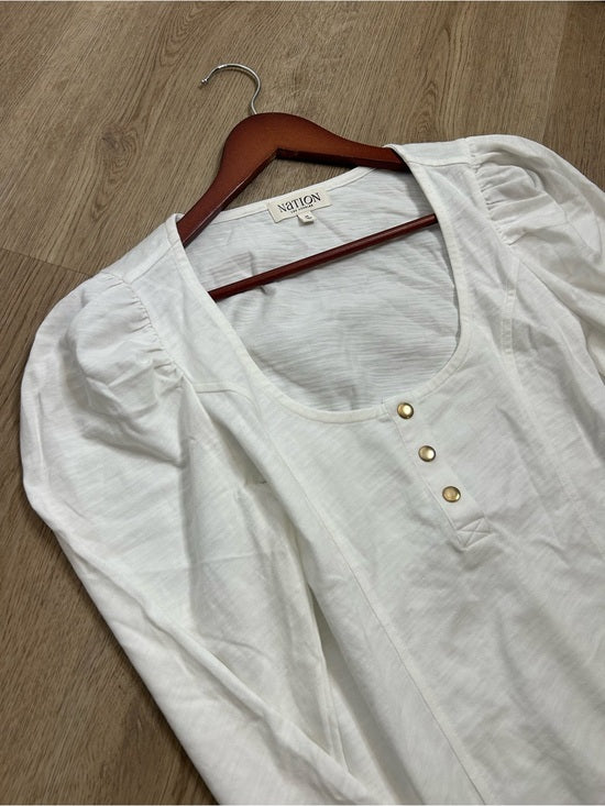 Nation LA 100% Cotton Scoop Neck Puff Sleeve White Gold Button Top