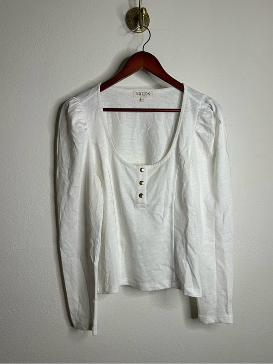 Nation LA 100% Cotton Scoop Neck Puff Sleeve White Gold Button Top