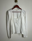 Nation LA 100% Cotton Scoop Neck Puff Sleeve White Gold Button Top