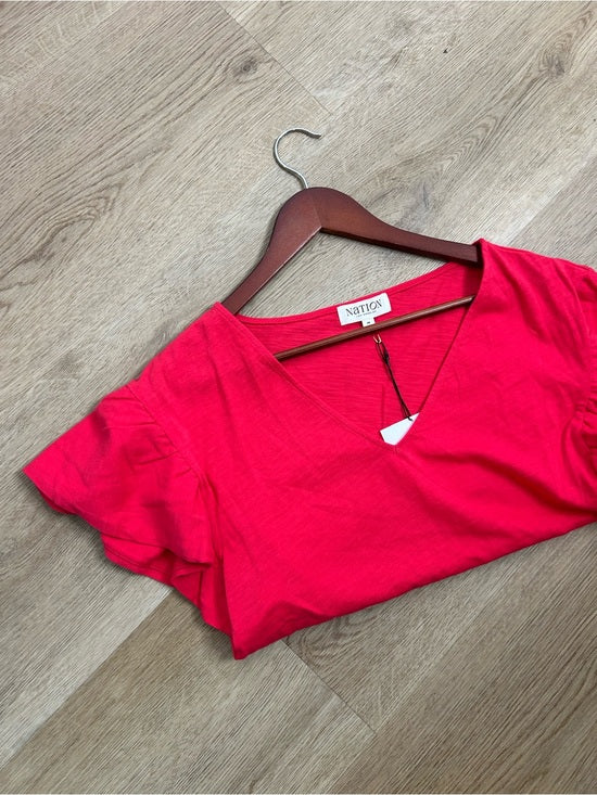 Nation LA 100% Cotton Emmy Flutter Sleeve Short Sleeve T- Shirt in Red