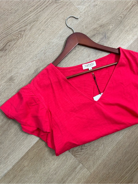 Nation LA 100% Cotton Emmy Flutter Sleeve Short Sleeve T- Shirt in Red