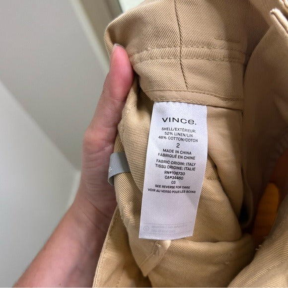 VINCE Linen Cotton Tan Straight Leg Paperbag Waist Pant