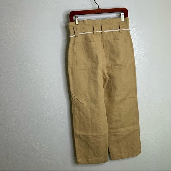 VINCE Linen Cotton Tan Straight Leg Paperbag Waist Pant