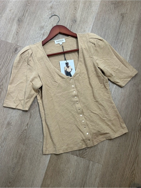 Nation LA 100% Cotton Jen Gold Button Down Puff Sleeve Top in Toffee