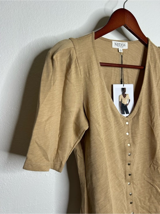 Nation LA 100% Cotton Jen Gold Button Down Puff Sleeve Top in Toffee