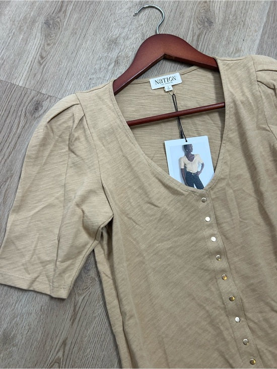 Nation LA 100% Cotton Jen Gold Button Down Puff Sleeve Top in Toffee