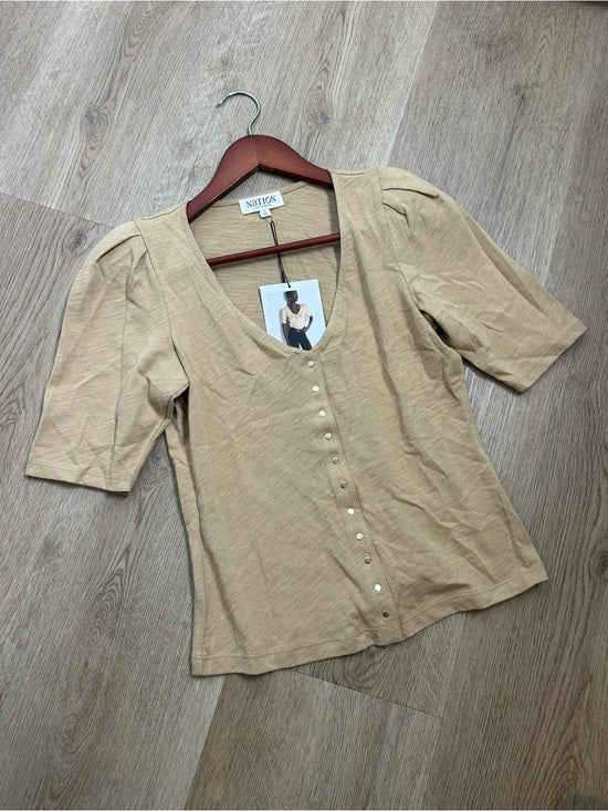 Nation LA 100% Cotton Jen Gold Button Down Puff Sleeve Top in Toffee