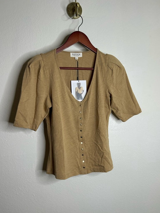 Nation LA 100% Cotton Jen Gold Button Down Puff Sleeve Top in Toffee
