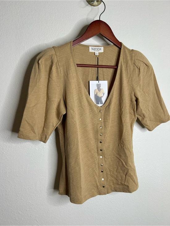 Nation LA 100% Cotton Jen Gold Button Down Puff Sleeve Top in Toffee
