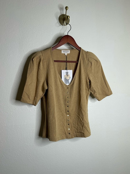 Nation LA 100% Cotton Jen Gold Button Down Puff Sleeve Top in Toffee