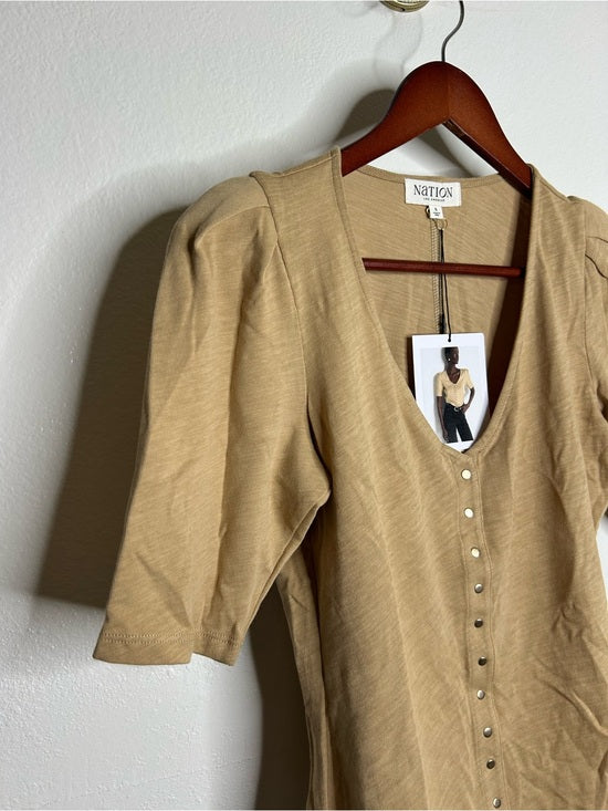 Nation LA 100% Cotton Jen Gold Button Down Puff Sleeve Top in Toffee
