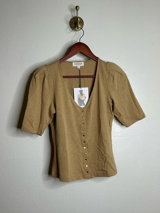 Nation LA 100% Cotton Jen Gold Button Down Puff Sleeve Top in Toffee