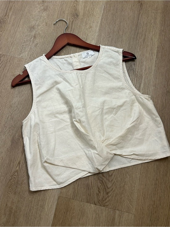 AG Cotton Linen Cream Neutral Cropped Twist Front Button Back Tank Top
