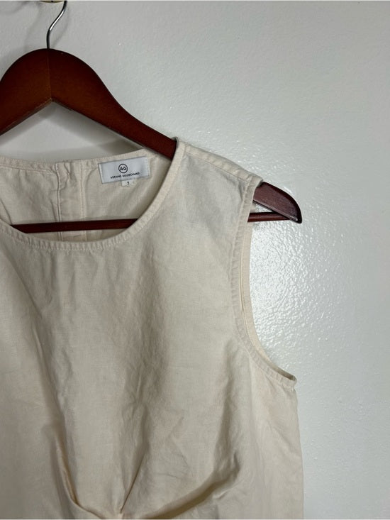 AG Cotton Linen Cream Neutral Cropped Twist Front Button Back Tank Top